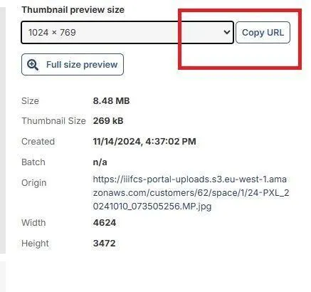 Fig. 2.3b: Select a thumbnail preview size and copy the URL