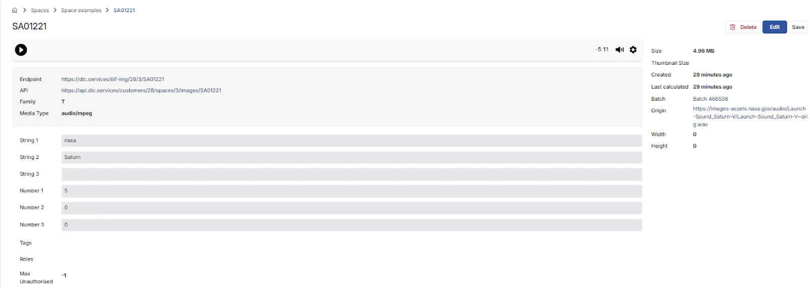 Fig. 2.3c: Viewing an audio file asset