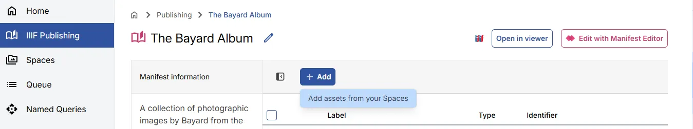 Fig. 3.2.2a: Option to add assets from your Spaces