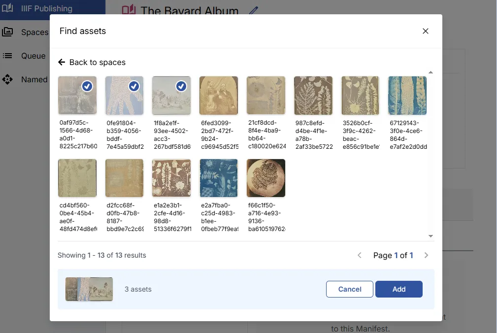 Fig. 3.2.2b: Selecting assets to add to the Manifest