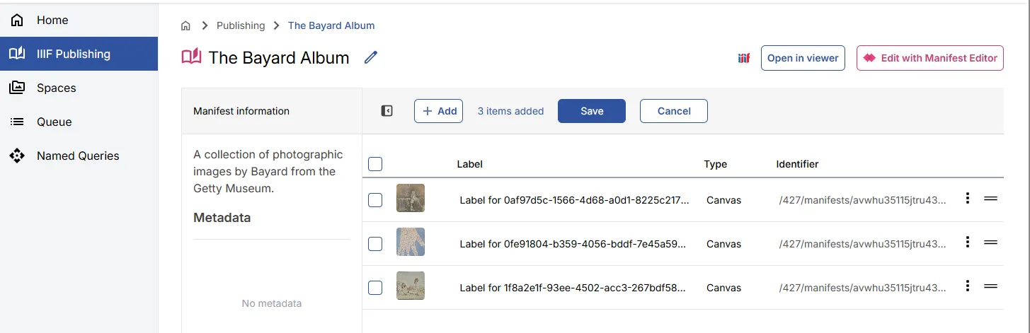 Fig. 3.2.2c: Selected assets displayed in the Manifest listing view