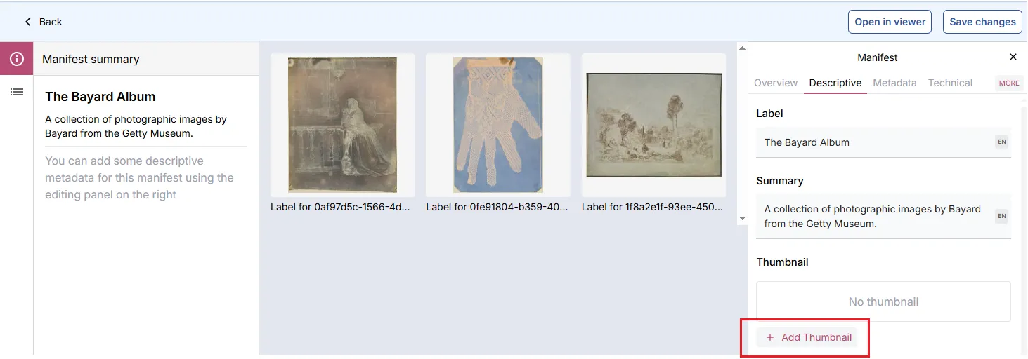 Fig. 3.2.4f: Button for adding a thumbnail to a Manifest