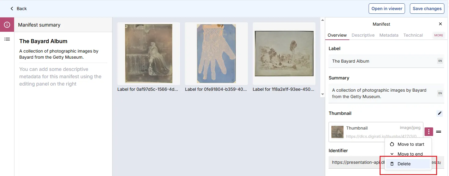 Fig. 3.2.4i: Option to delete an existing Canvas thumbnail