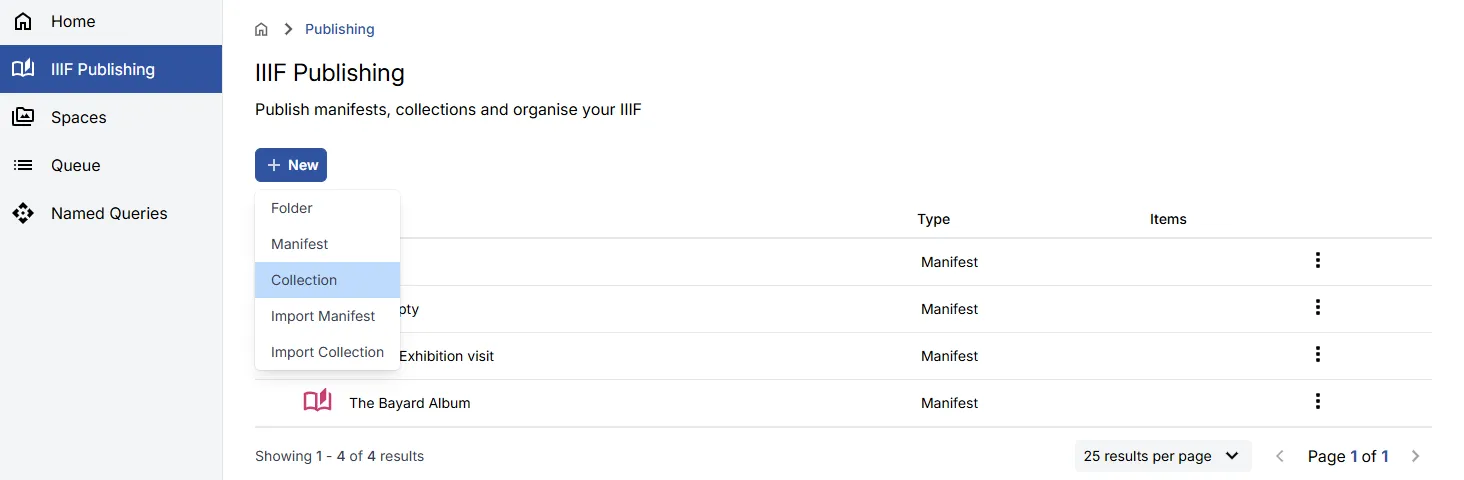 Fig. 3.3.1a: Option to create a new, empty Collection