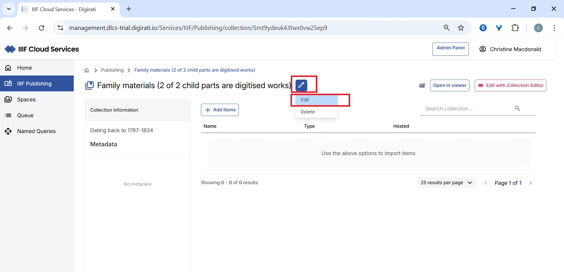 Fig. 3.3.3a: Select Edit to edit the metadata
