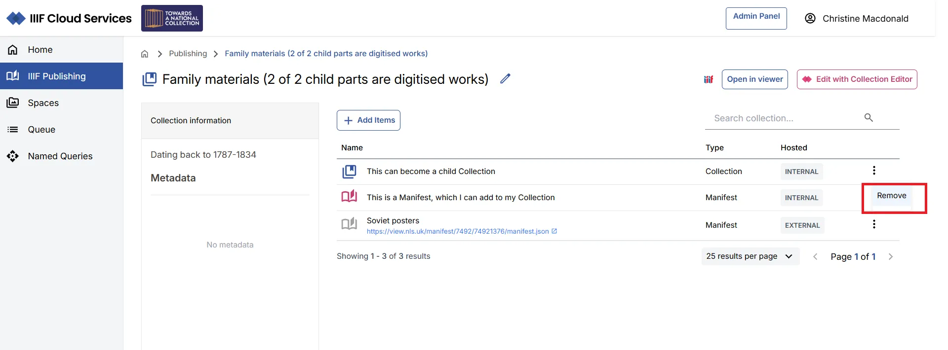 Fig. 3.3.5a: Removing an item from the Collection