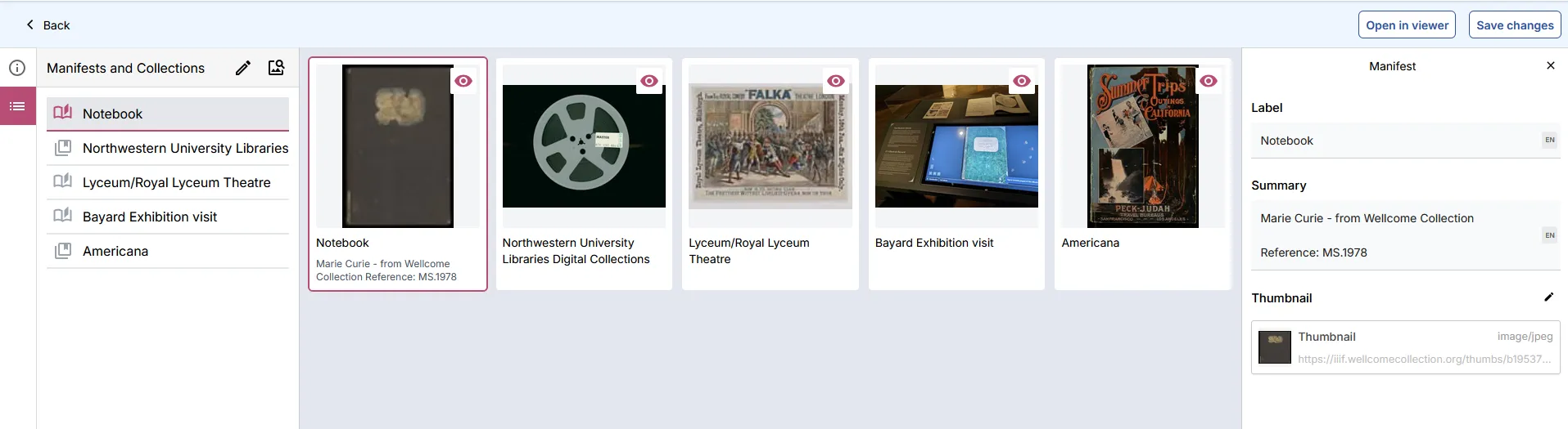 Fig. 3.3.8b: Adding summary metadata to a Manifest in the Collection