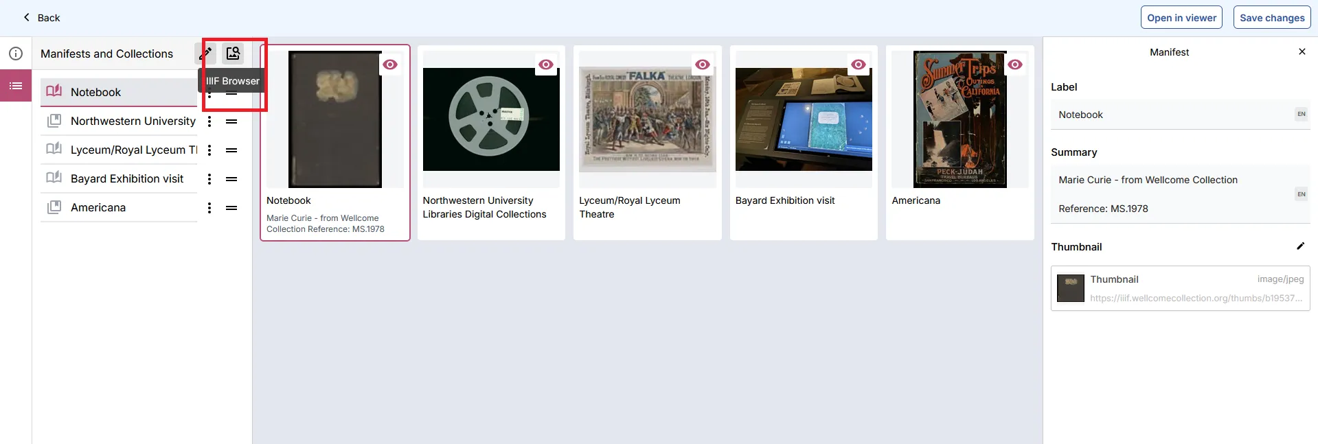 Fig. 3.3.8d: Select the IIIF Browser option to add content