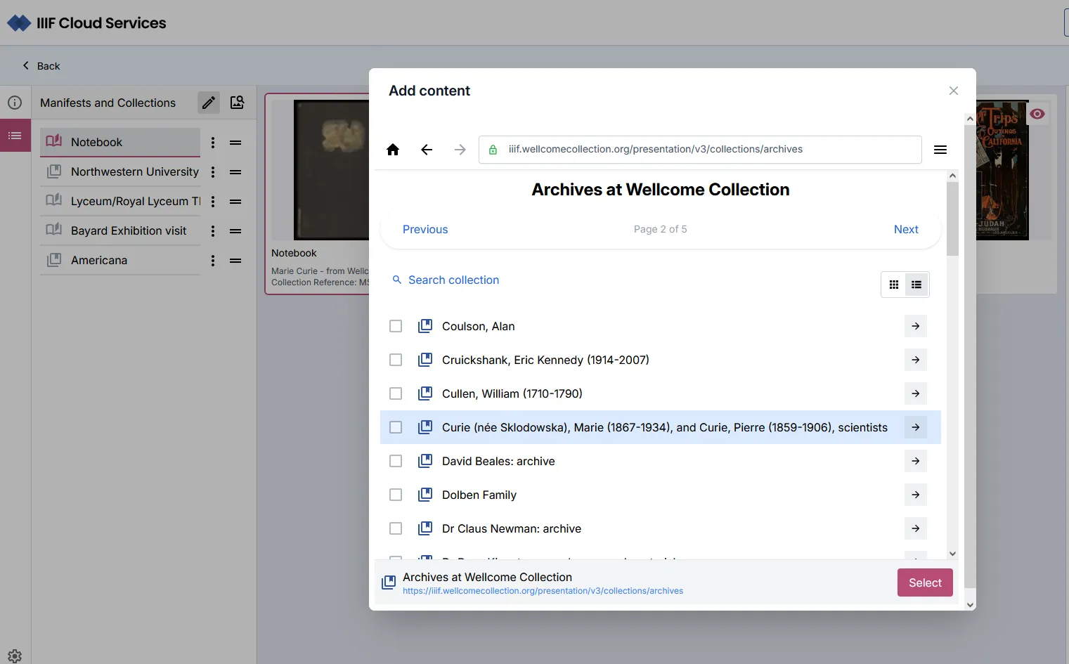 Fig. 3.3.8e: Selecting additional IIIF content from an external Collection