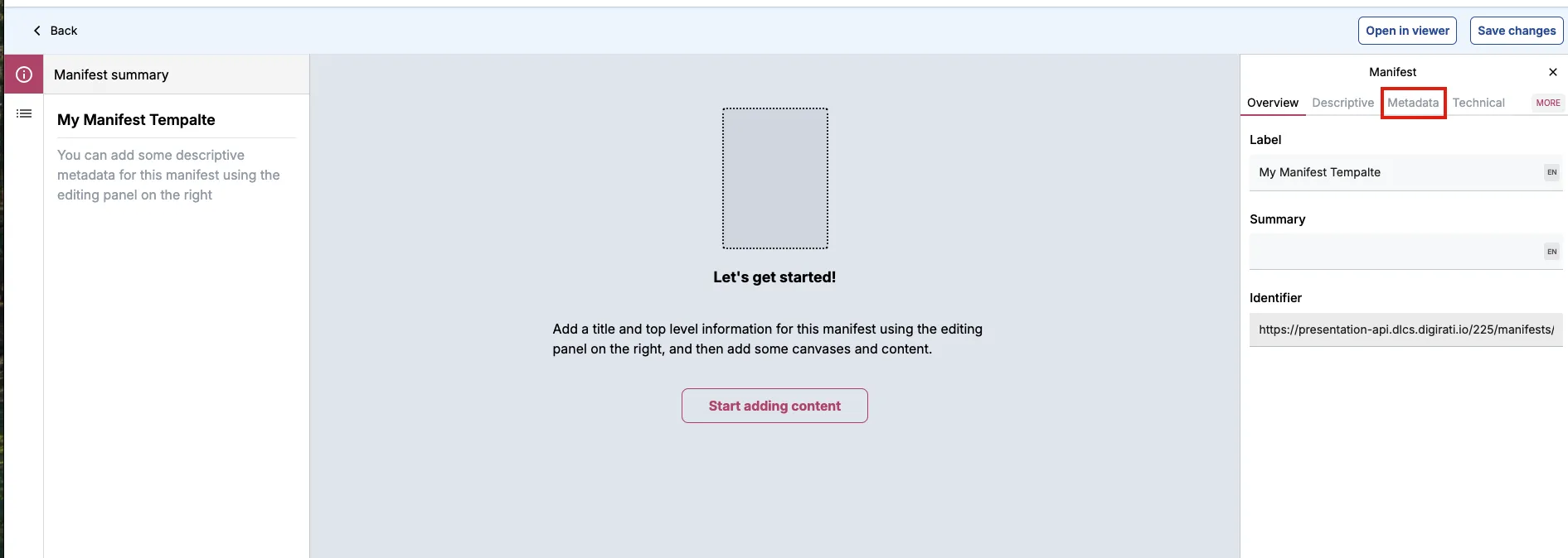Fig. 3.4.1f: Manifest Template 'Metadata' tab
