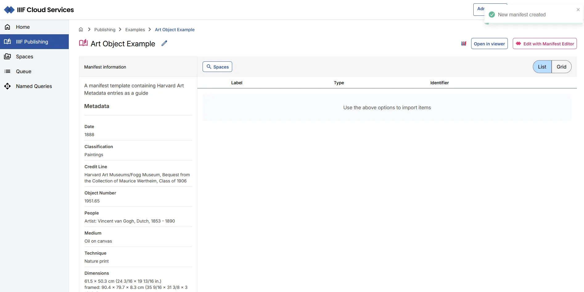 Fig. 3.4.1j: A new Manifest created from a template