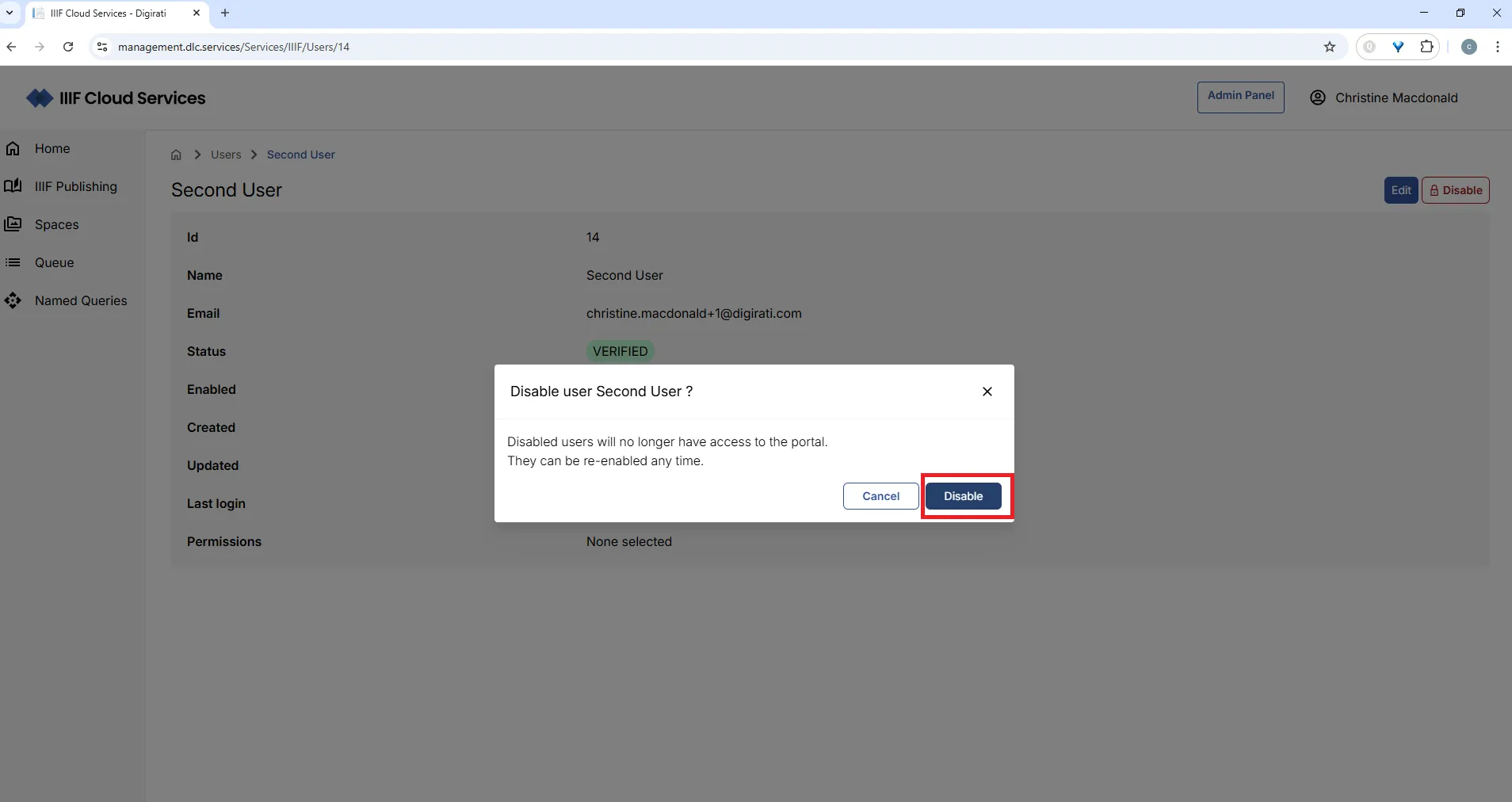 Fig. 4.2c: Confirm disabling the user